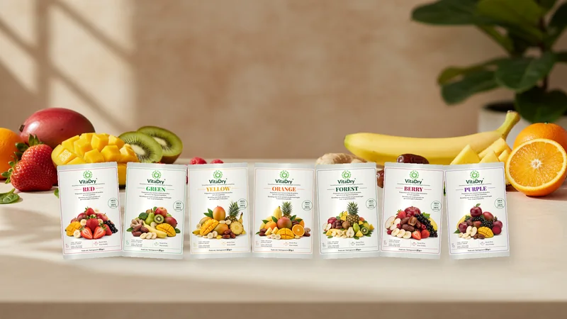 Les 7 saveurs VitaDry — Red, Green, Yellow, Orange, Forest, Berry, Purple — et leurs fruits