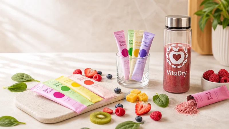 Shaker VitaDry, stickpacks et fruits frais sur un plan de travail