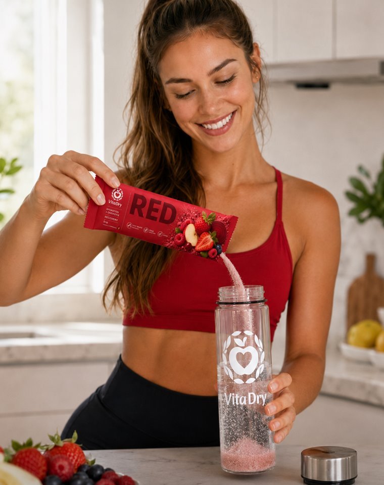 Femme versant un stick VitaDry RED dans le shaker
